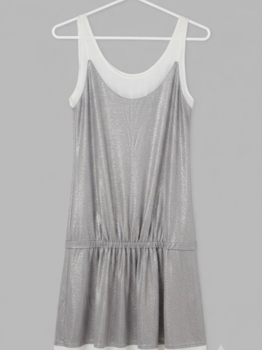 CLUB MONACO SZ 8 Shimmery Silver Tank Dress with Cream Trim